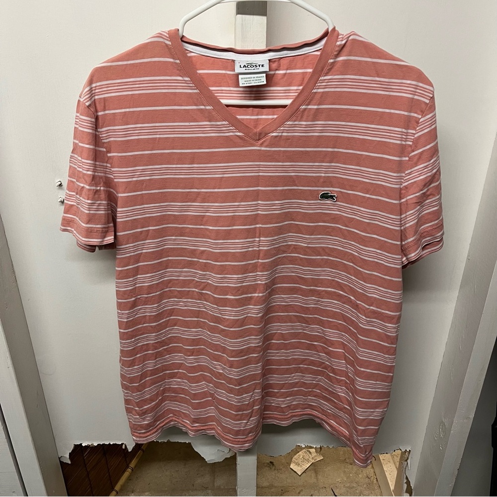 Lacoste Size 6 Short Sleeve V Neck Salmon Striped T Shirt Alligator Logo